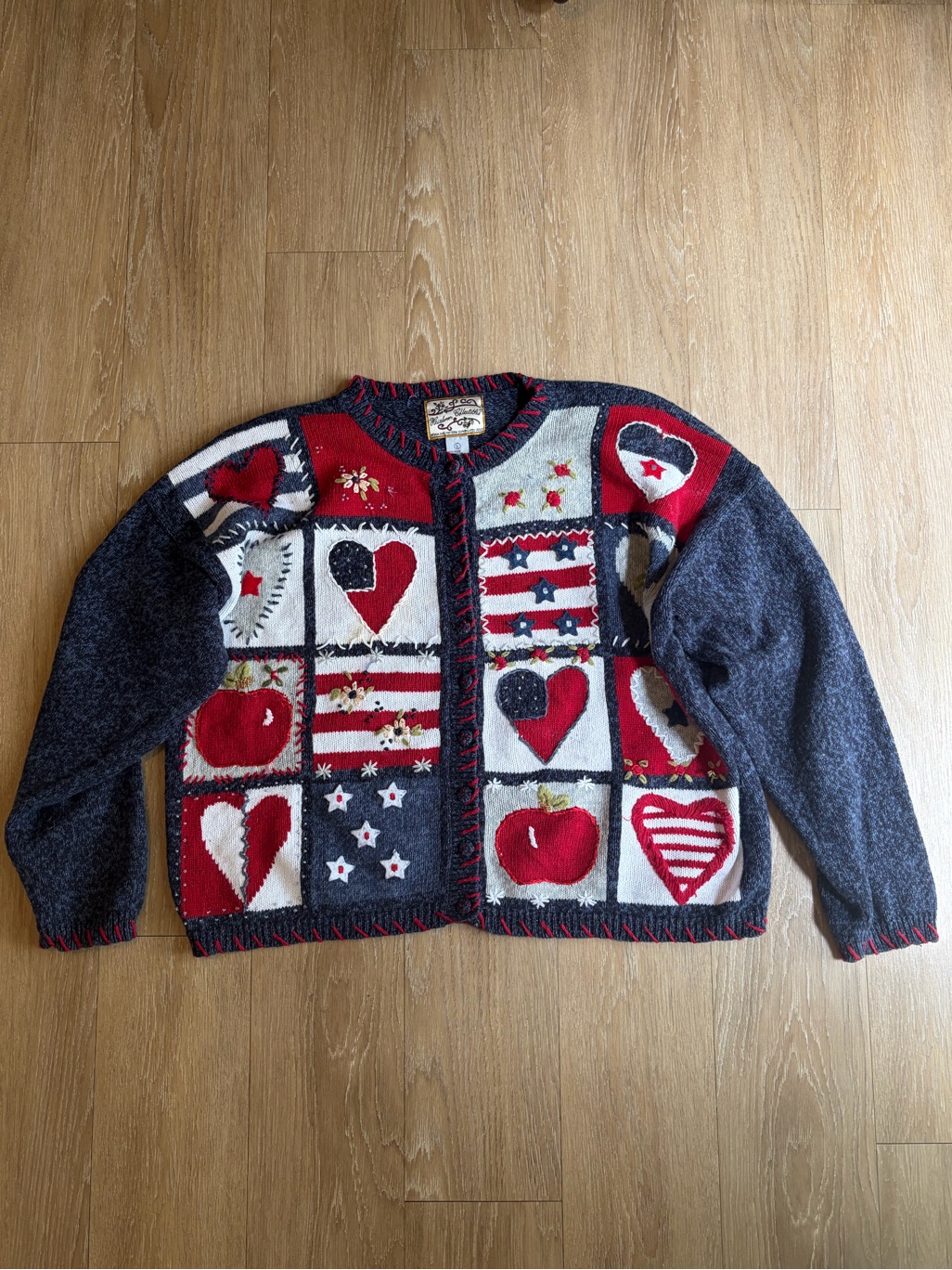 Vintage Patchwork Heart & Flag Knit Cardigan Sweater - Red, Navy, White